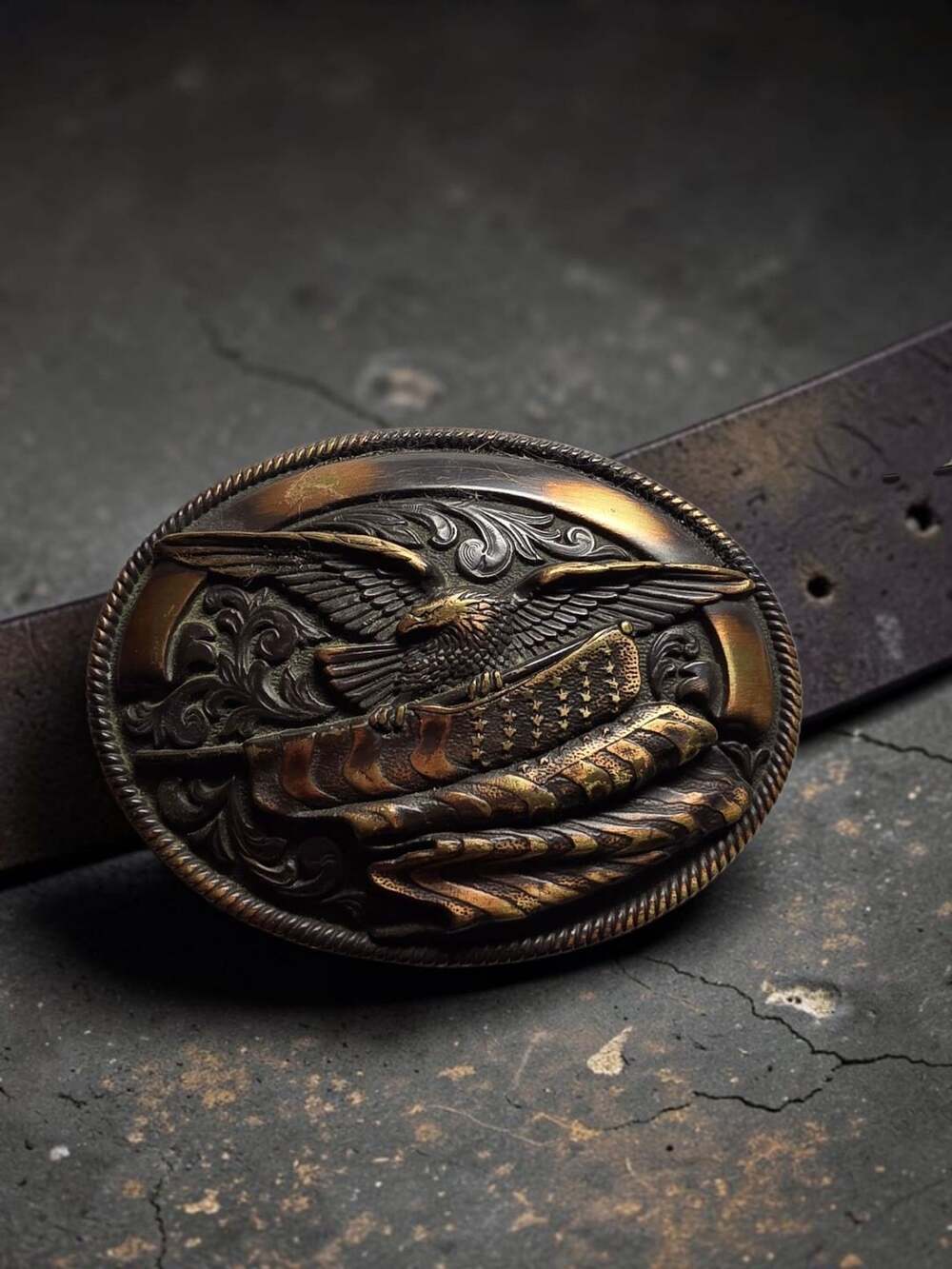 Nocona Eagle And American Flag Oval Western Belt Buckle Copper Tone